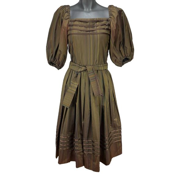 ALBERT NIPON VTG 70's Balloon Sleeves Chocolat Brown Green Taffeta Tent Dress S - Picture 5 of 12
